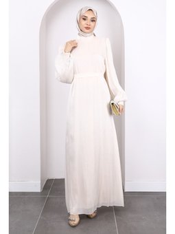 Bej Balon Kol Taşlı Abiye Elbise