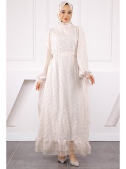 Bej Kol Bağlamalı Kuşaklı Abiye Elbise