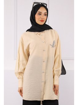 Bej Ön Taş Detaylı Gömlek