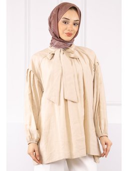Bej Yaka Detaylı Balon Kol Tunik