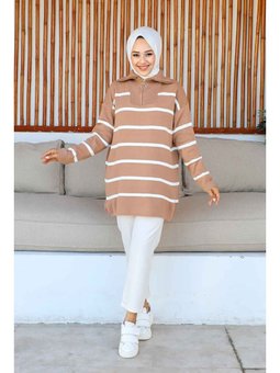 Bisküvi Yaka Fermuarlı Çizgili Triko Tunik