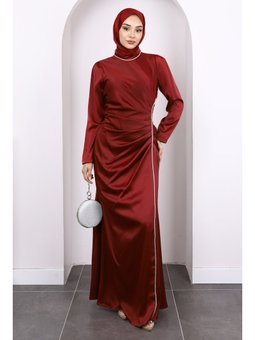 Bordo Önü Drapeli Taşlı Saten Abiye Elbise