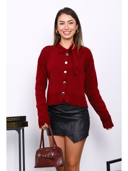 Bordo Yaka Bağlamalı Düğmeli Triko Hırka