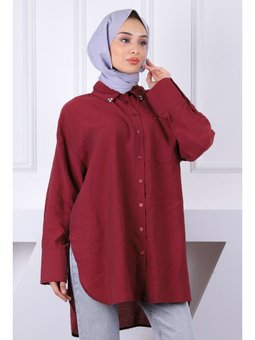 Bordo Yaka Taşlı Tel Cepli Oversize Gömlek