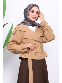 Camel Kruvaze Yaka Kemerli Kısa Trençkot