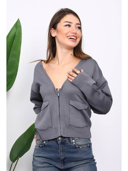 Füme Çift Cepli Fermuarlı Triko Hırka