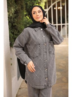Füme Taş İşlemeli Kot Ceket