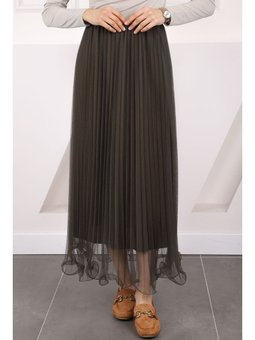 Haki Piliseli Bel Lastikli Etek