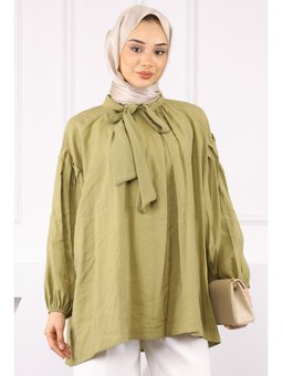 Haki Yaka Detaylı Balon Kol Tunik