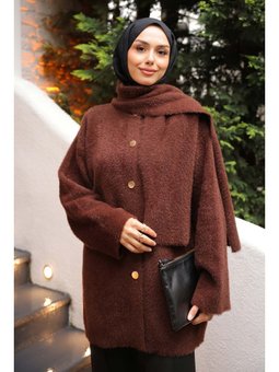 Kahverengi Atkı Detaylı Angora Yumoş Triko Hırka