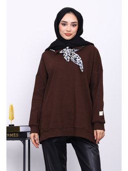 Kahverengi Fular Detaylı Yakalı Tunik
