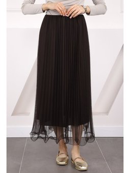 Kahverengi Piliseli Bel Lastikli Etek