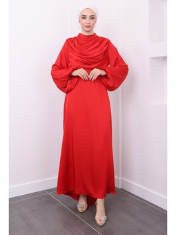 Kırmızı Yaka Detaylı Balon Kol Saten Abiye Elbise