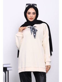 Krem Fular Detaylı Yakalı Tunik