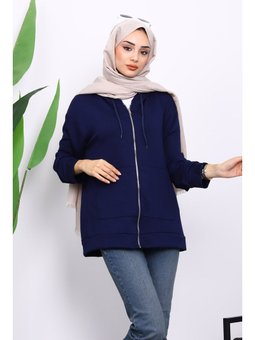 Lacivert Kapüşonlu Fermuarlı Modal Sweat Hırka