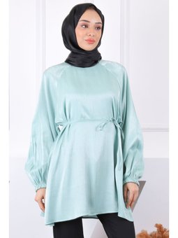 Mint Yeşili Bel Kuşaklı Parlak Tunik
