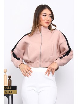 Pudra Fermuarlı Üç İplik Sweat Hırka