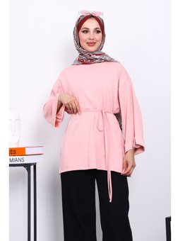 Pudra Yanları Yırtmaçlı Bel İpli Tunik