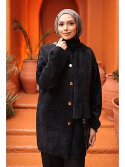 Siyah Atkı Detaylı Angora Yumoş Triko Hırka
