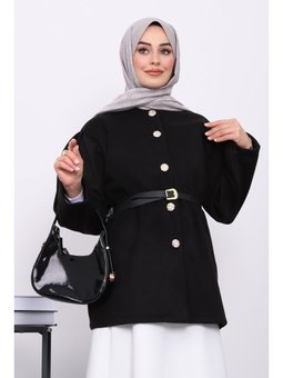 Siyah Bel Lastikli Kemerli Kaşe Çeket
