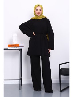 Siyah Bisiklet Yaka Yan Yırtmaçlı Takım