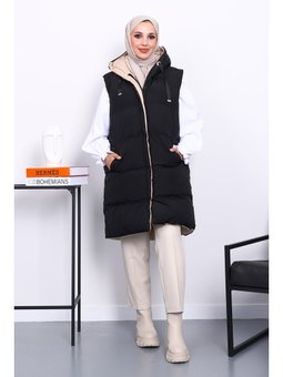 Siyah Çift Taraflı Kapüşonlu Şişme Yelek
