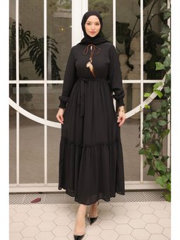 Siyah Eteği Katlı Kuşaklı Şifon Elbise