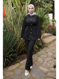 Siyah Fitilli Bel Bağlamalıı Tunik Pantolonlu Takım