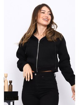 Siyah Kısa Kanguru Cepli Fermuarlı Üç İplik Sweat Hırka