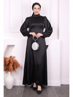 Siyah Kol Düğmeli Beli Kuşaklı Saten Abiye