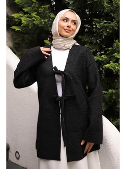 Siyah Önü Bağlamalı Buklet Kimono Ceket