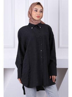 Siyah Yaka Taşlı Tel Cepli Oversize Gömlek