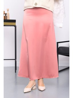 Somon Yan Fermuarlı Saten Kloş Etek