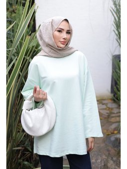 Su Yeşili Bisiklet Yaka Oversize Kol Penye Sweat