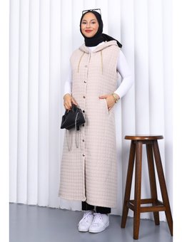 Taş Kapüşonlu Kapitone Uzun Yelek