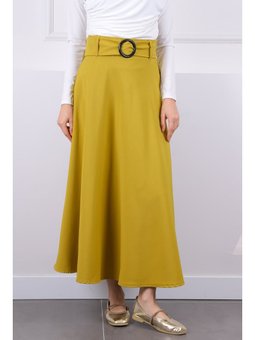 Yağ Yeşili Bel Kemerli Kloş Etek
