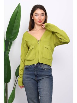 Yağ Yeşili Çift Cepli Fermuarlı Triko Hırka