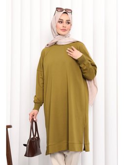 Yağ Yeşili Yanları Yırtmaçlı Modal Tunik