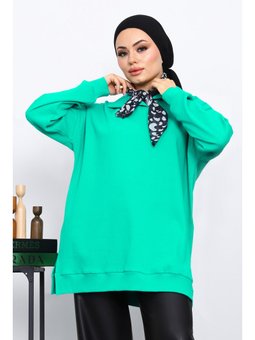 Yeşil Fular Detaylı Yakalı Tunik