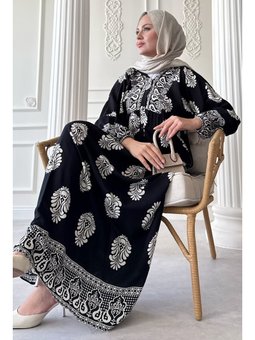 Puantiyeli Etnik Desen Siyah Viskon Elbise