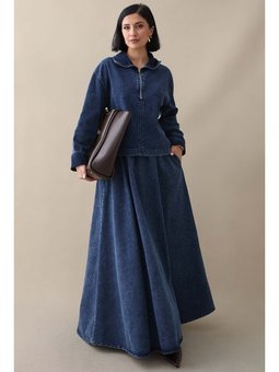 Yakası Fermuarlı Koyu Mavi Etekli Kot Takım