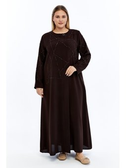 Taşlı Broş Detaylı Büyük Beden Petek Kumaş Ferace/abaya Kahverengi
