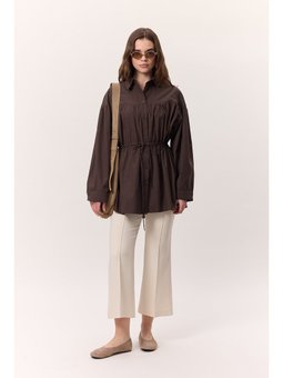 Büzgü Bağlama Detaylı Kahverengi Tunik