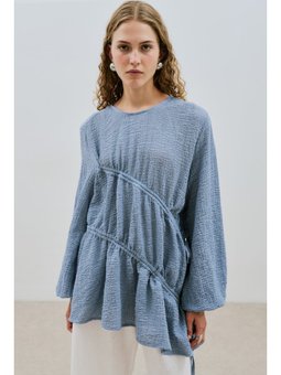 Büzgü Bağlamalı Dokulu Mavi Tunik