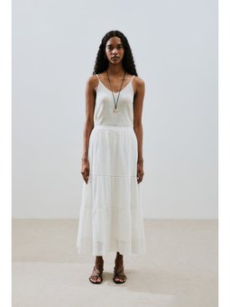 Dokulu İşlemeli Katlı Uzun Ekru Etek