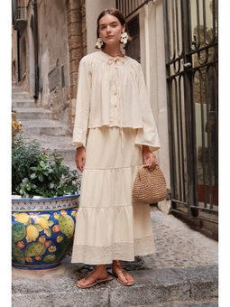 Dokulu İşlemeli Katlı Uzun Sarı Etek