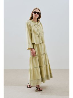 Dokulu İşlemeli Katlı Uzun Soft Yeşil Etek