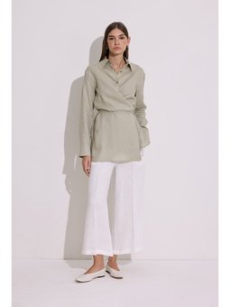 Keten Bağlama Detaylı Yeşil Gömlek