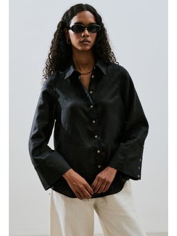 Keten Geniş Manşetli Siyah Gömlek