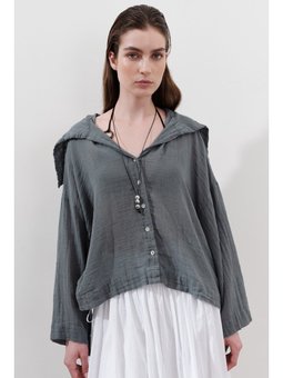 Keten Karışımlı Geniş Yakalı Mavi Gömlek